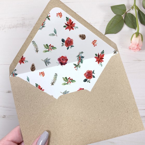 'Christmas Holly' Printed Envelope Liner with Envelope