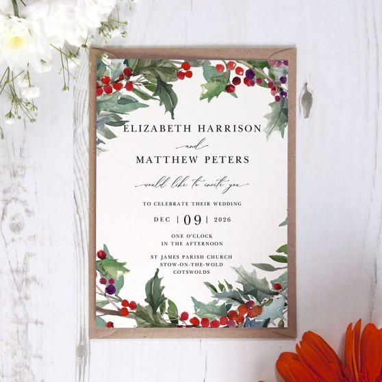 'Christmas Holly' Standard Wedding Invitation