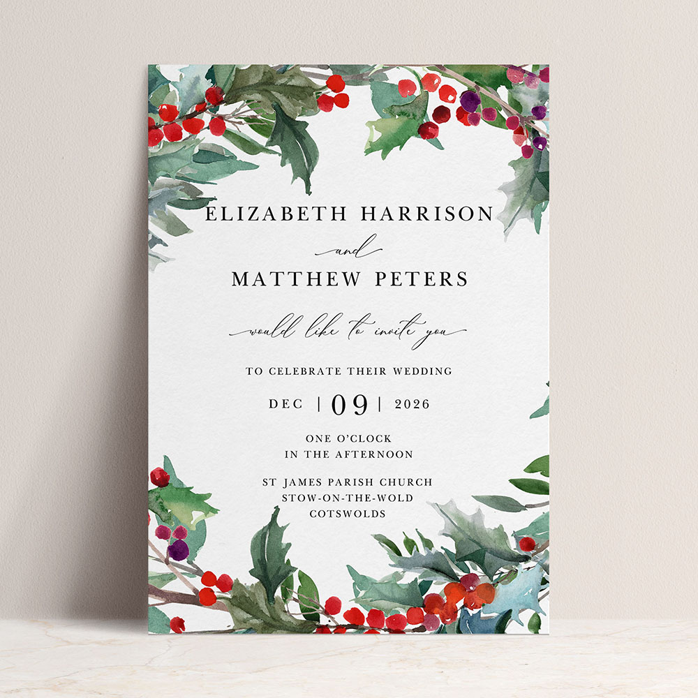 'Christmas Holly' Standard Wedding Invitation