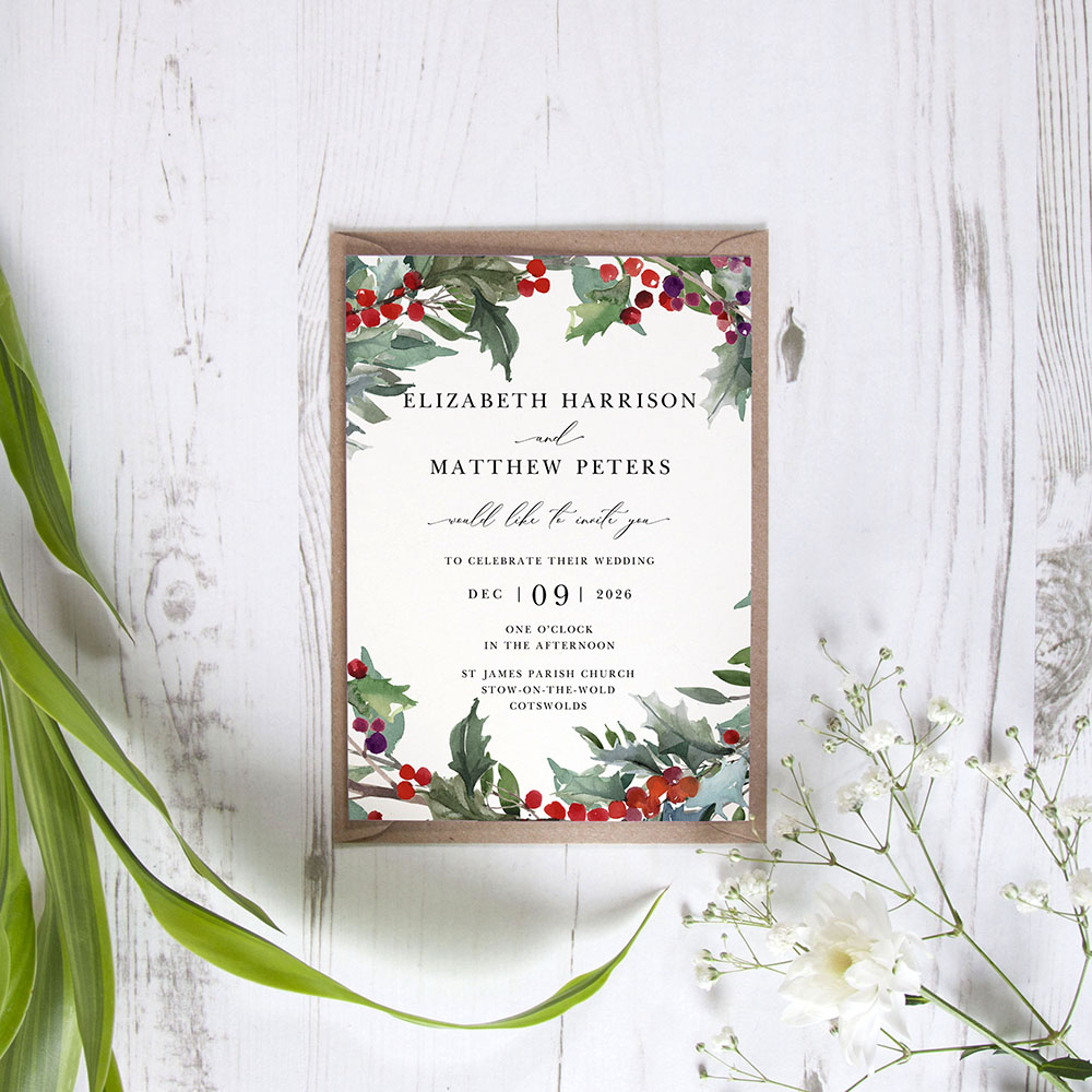 'Christmas Holly' Standard Wedding Invitation