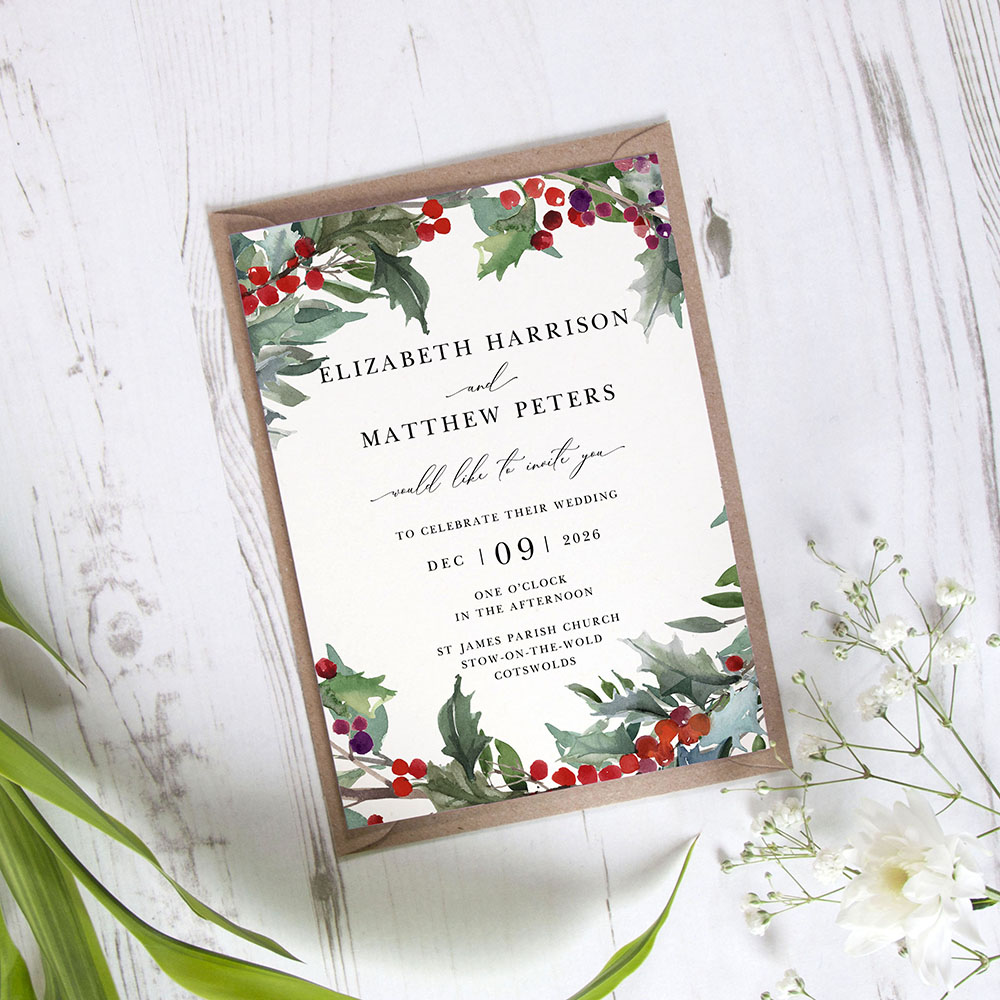 'Christmas Holly' Standard Wedding Invitation