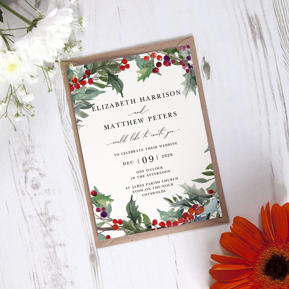 'Christmas Holly' Standard Wedding Invitation