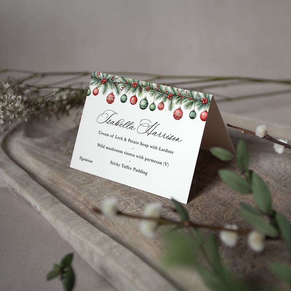 'Christmas Baubles' Menu Place Card