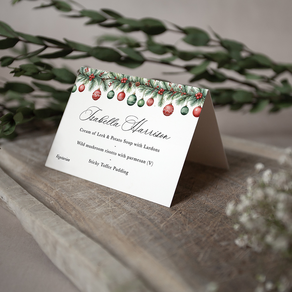 'Christmas Baubles' Menu Place Card