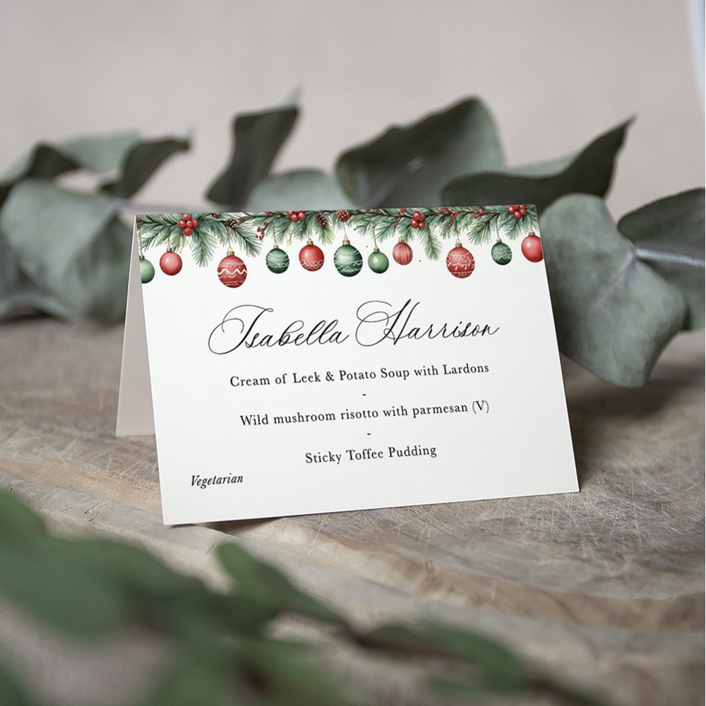 'Christmas Baubles' Menu Place Card