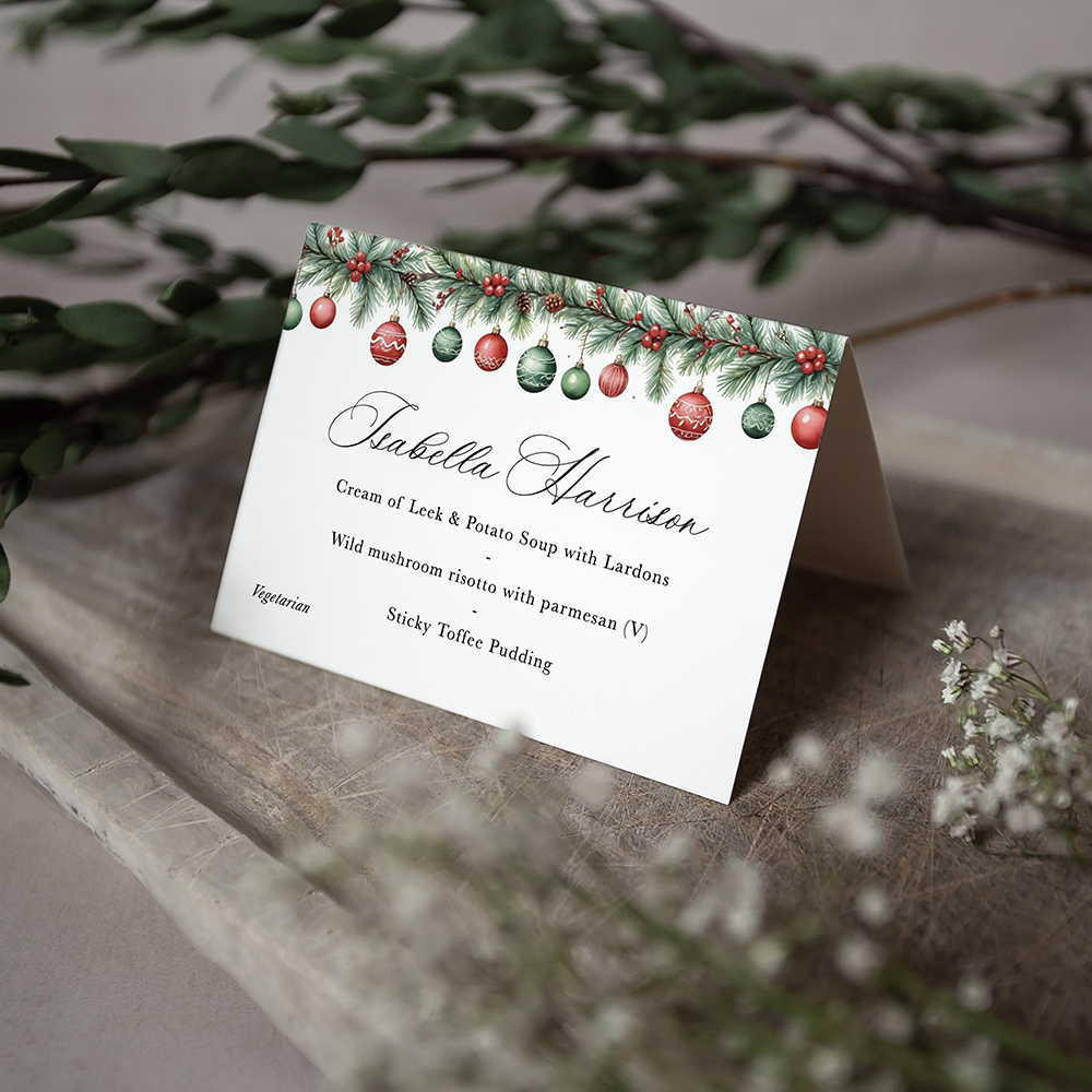 'Christmas Baubles' Menu Place Card