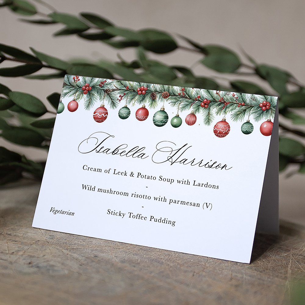 'Christmas Baubles' Menu Place Card