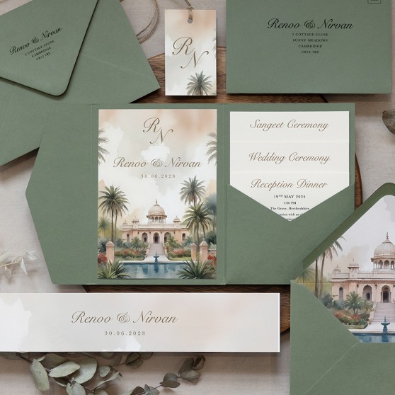 'Indian Botanical' Pocketfold Wedding Invitation