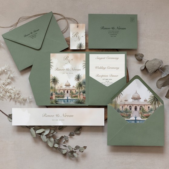 'Indian Botanical' Pocketfold Wedding Invitation