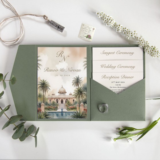 'Indian Botanical' Pocketfold Wedding Invitation