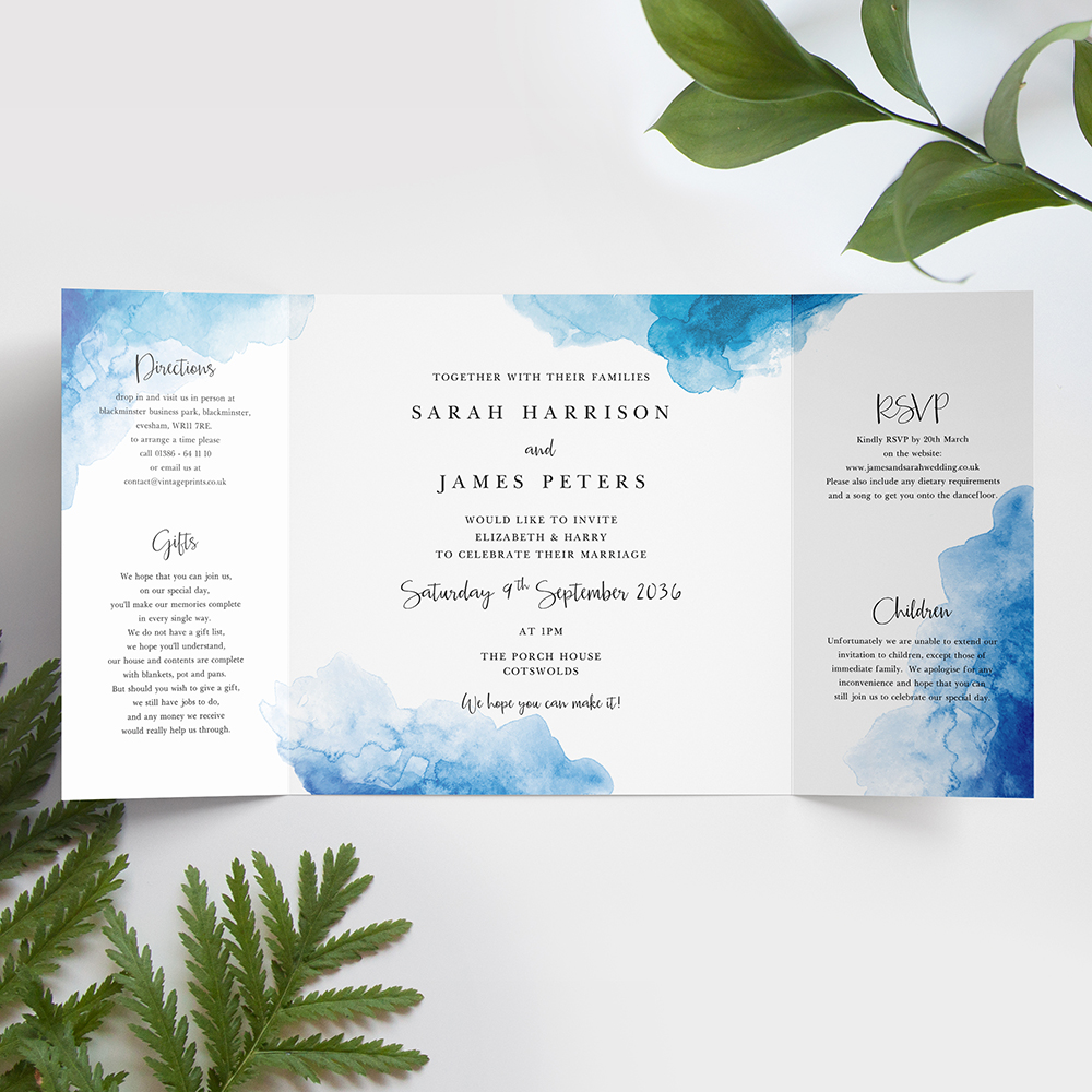 'Blue Watercolour Splash' Printed Gatefold Wedding Invitation