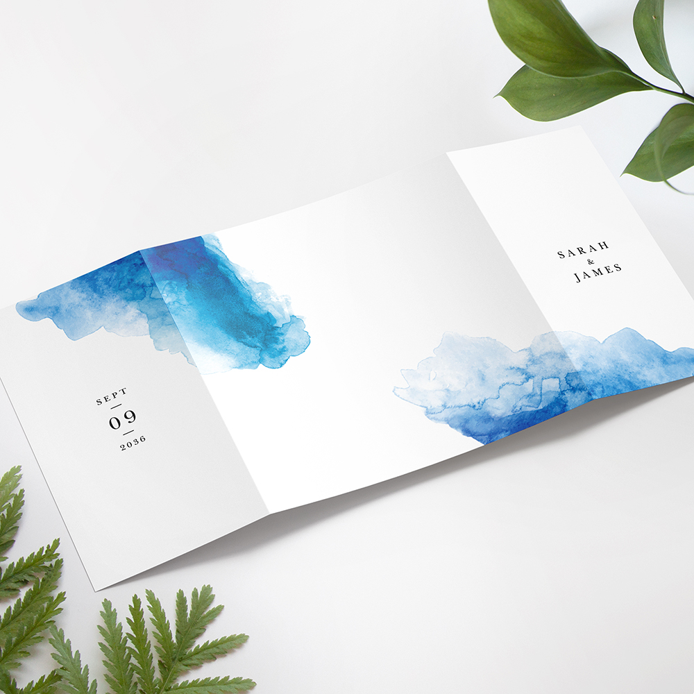 'Blue Watercolour Splash' Printed Gatefold Wedding Invitation