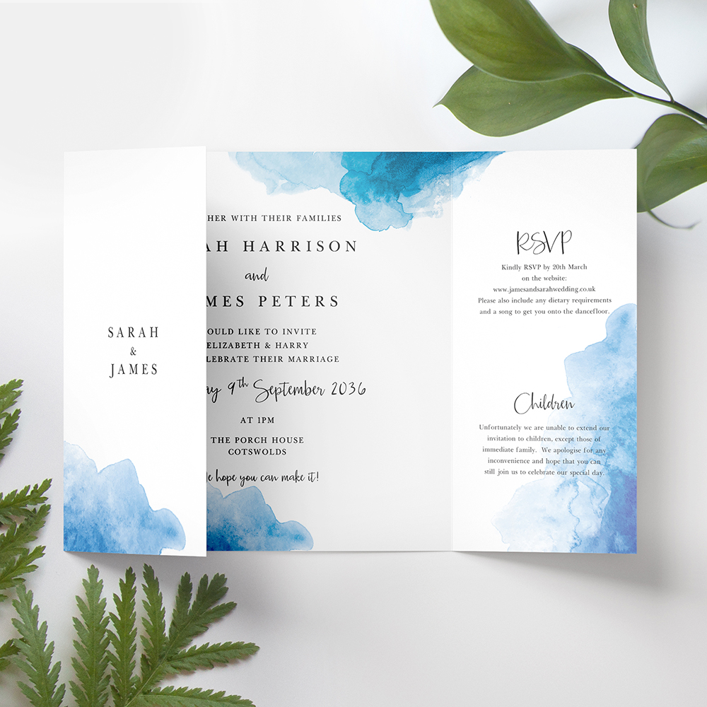 'Blue Watercolour Splash' Printed Gatefold Wedding Invitation