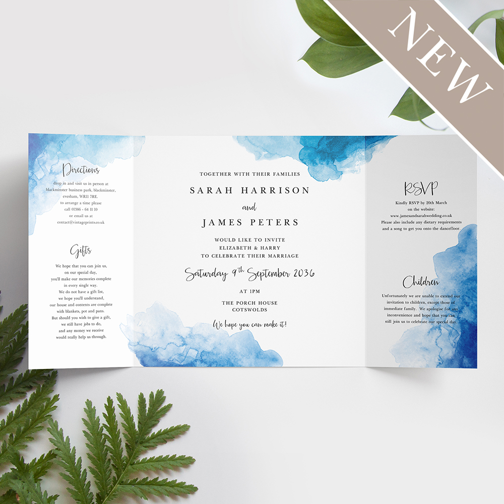 'Blue Watercolour Splash' Printed Gatefold Wedding Invitation