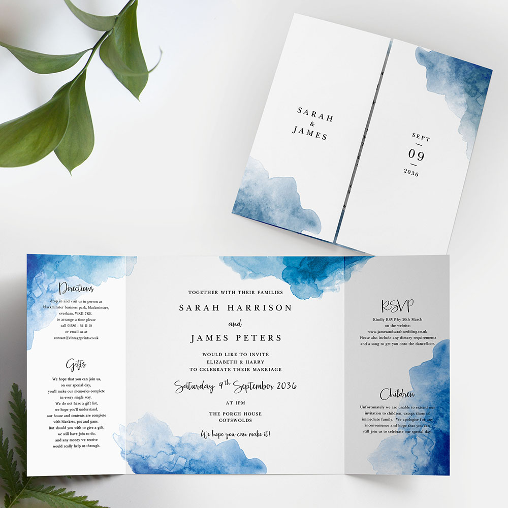 'Blue Watercolour Splash' Printed Gatefold Wedding Invitation