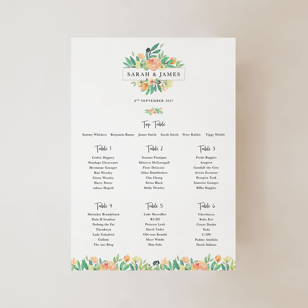 'Bella' Small A3 Table Plan