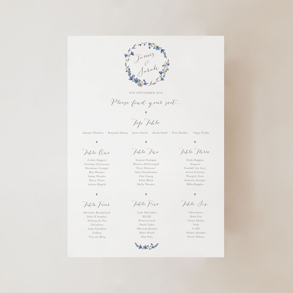 'Blue Floral Watercolour' Small A3 Table Plan