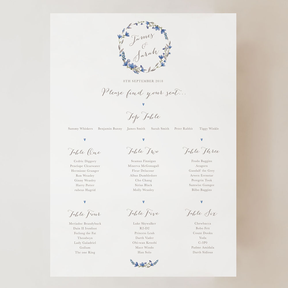 'Blue Floral Watercolour' Small A3 Table Plan