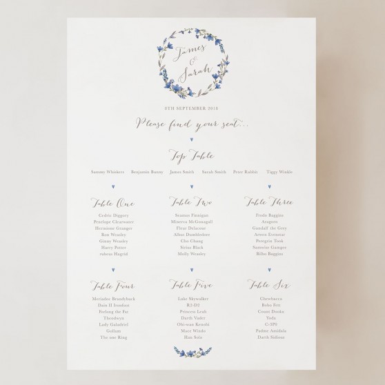 'Blue Floral Watercolour' Small A3 Table Plan