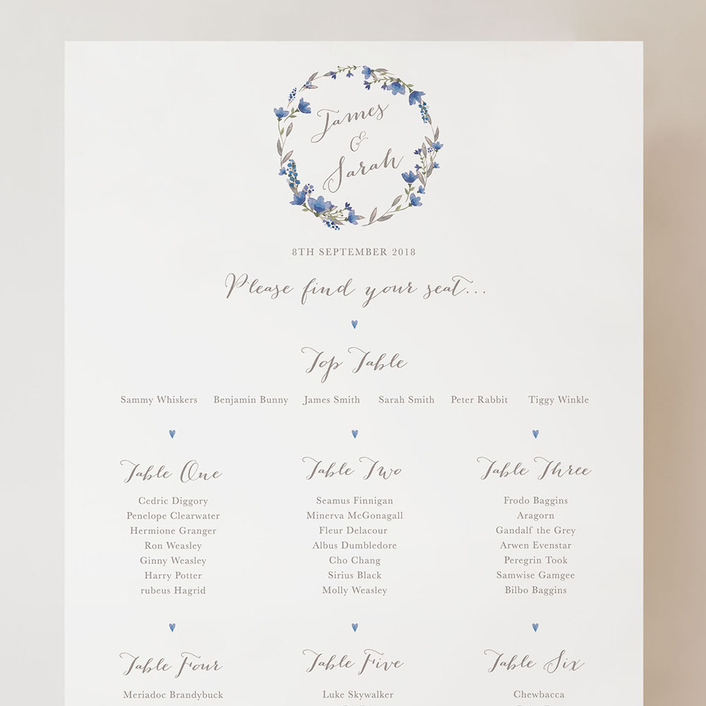 'Blue Floral Watercolour' Small A3 Table Plan