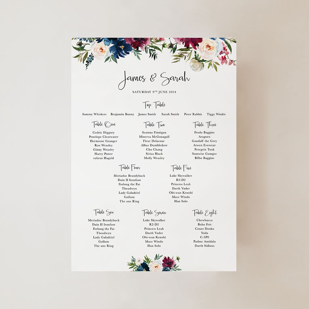 'Blue & Red Velvet' Small A3 Table Plan