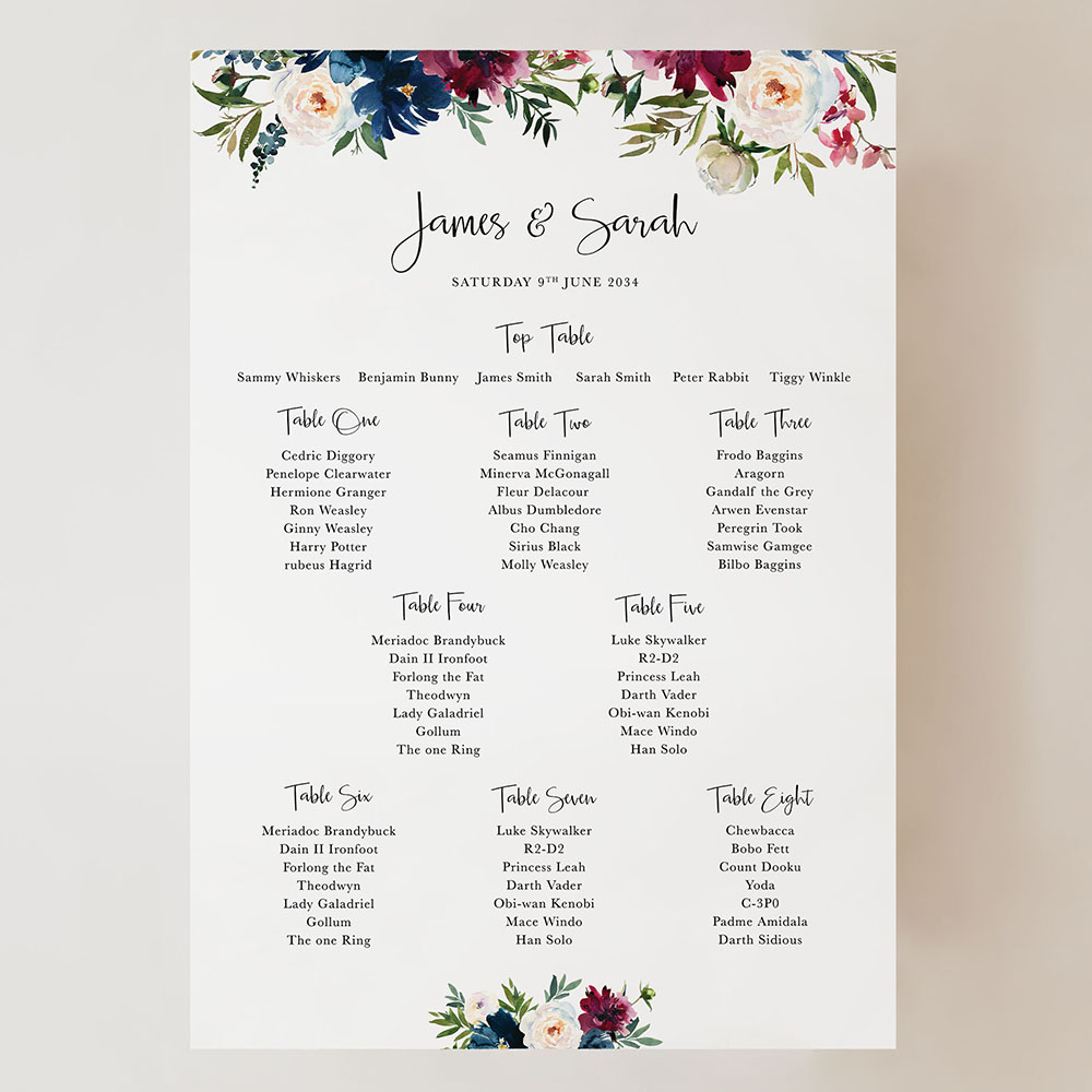 'Blue & Red Velvet' Small A3 Table Plan