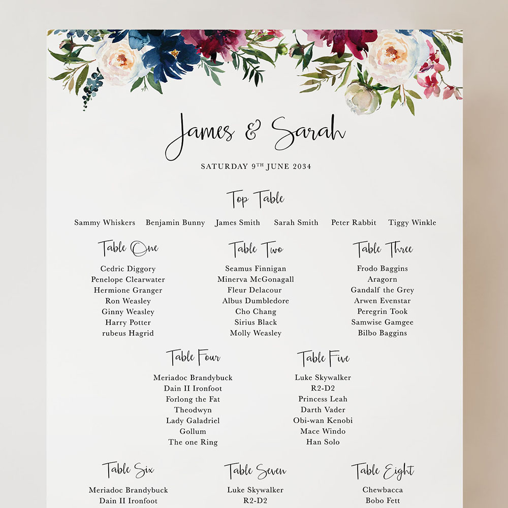 'Blue & Red Velvet' Small A3 Table Plan