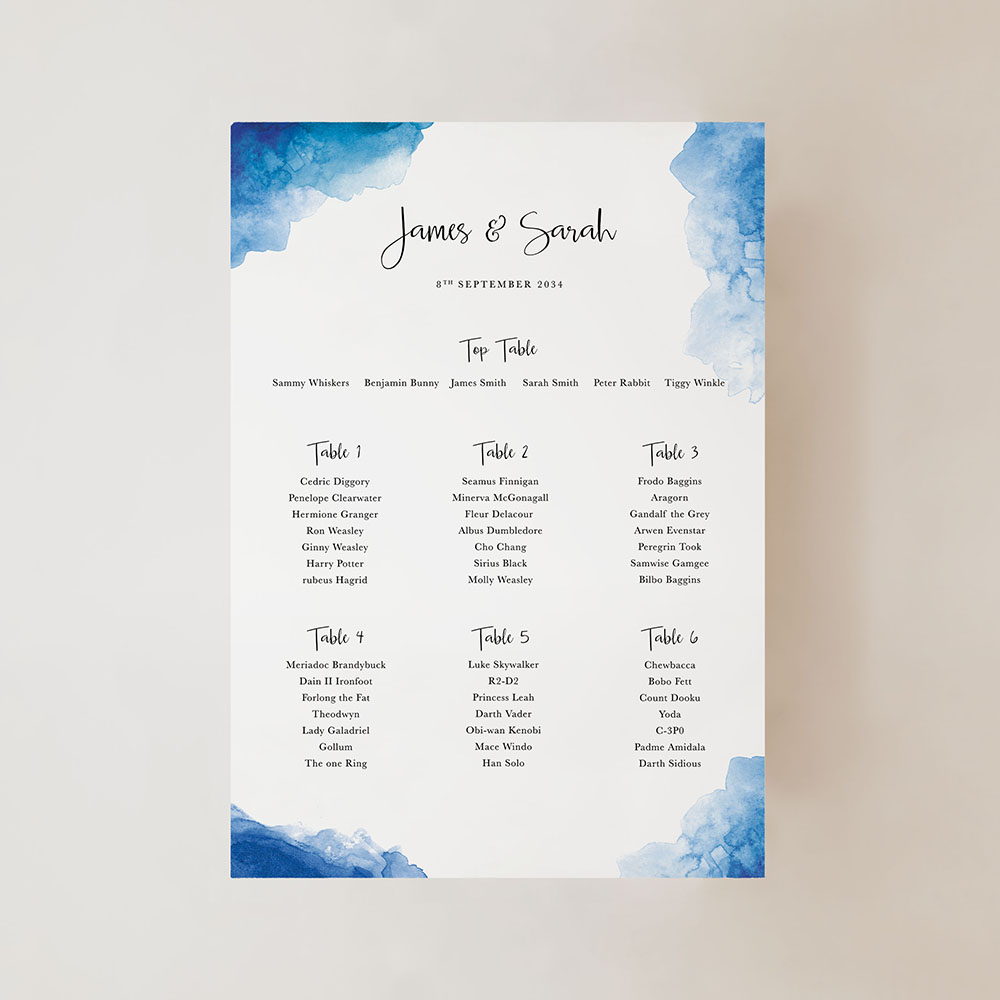 'Blue Watercolour Splash' Small A3 Table Plan