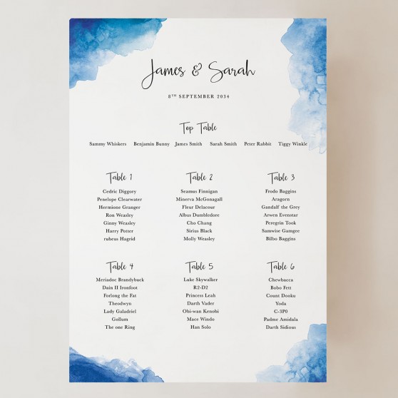 'Blue Watercolour Splash' Small A3 Table Plan