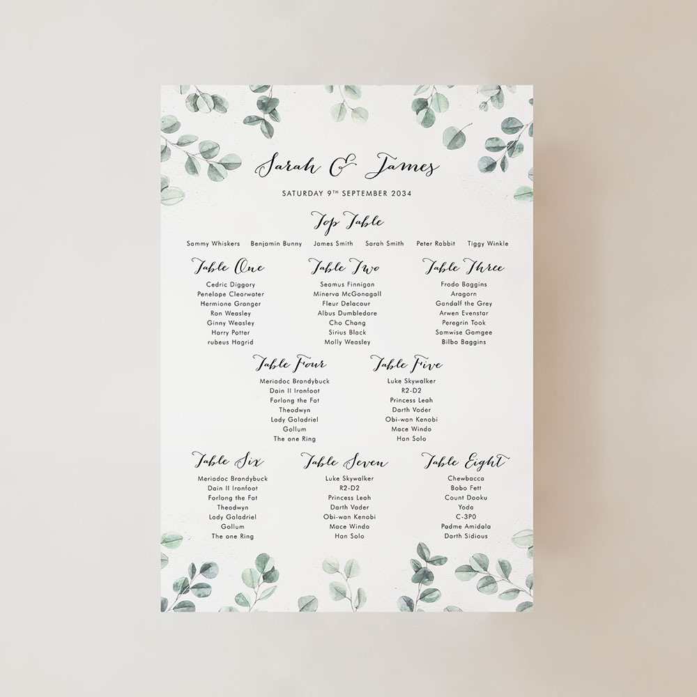 'Eucalyptus' Small A3 Table Plan