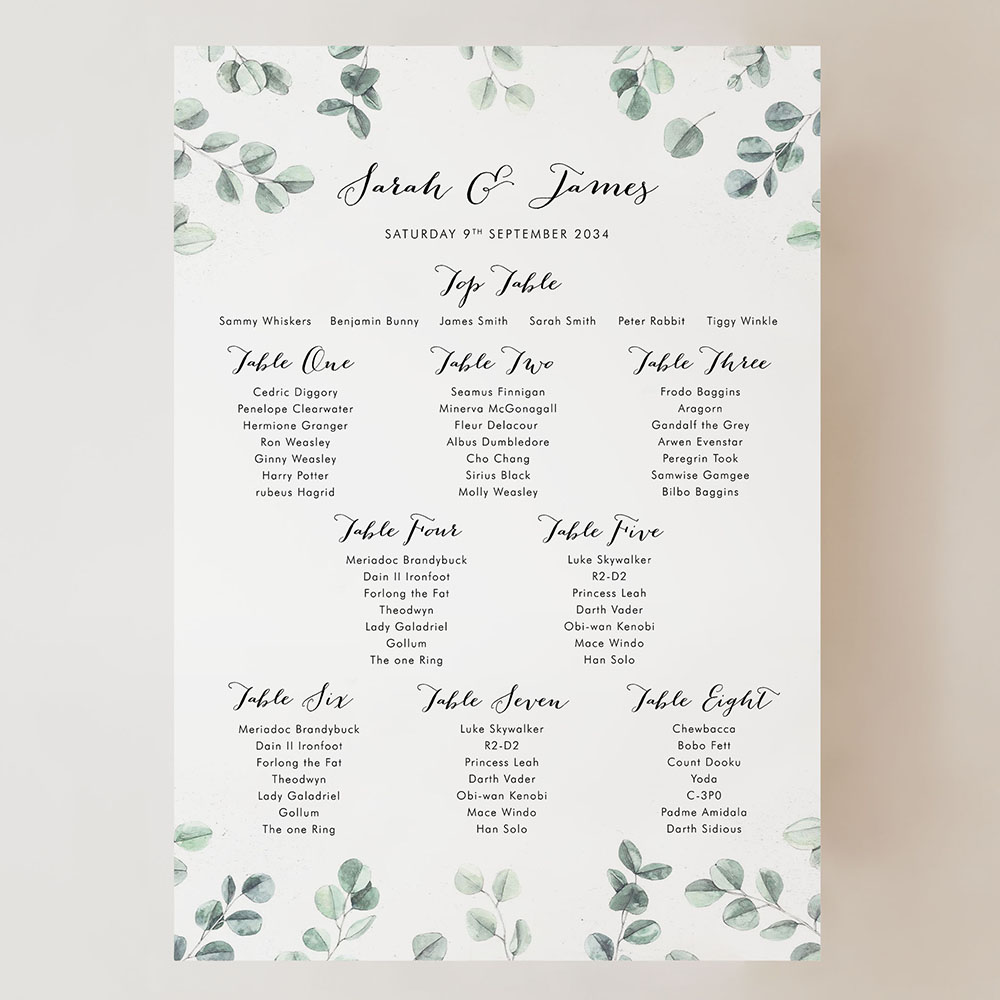 'Eucalyptus' Small A3 Table Plan