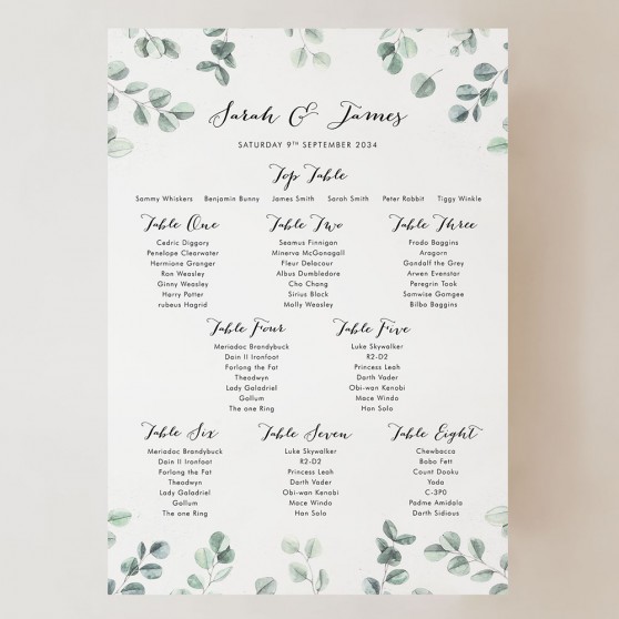 'Eucalyptus' Small A3 Table Plan