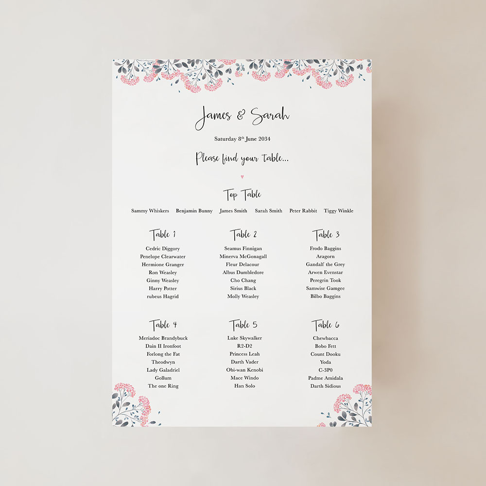 'Felicity' Small A3 Table Plan