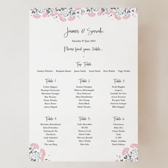 'Felicity' Small A3 Table Plan