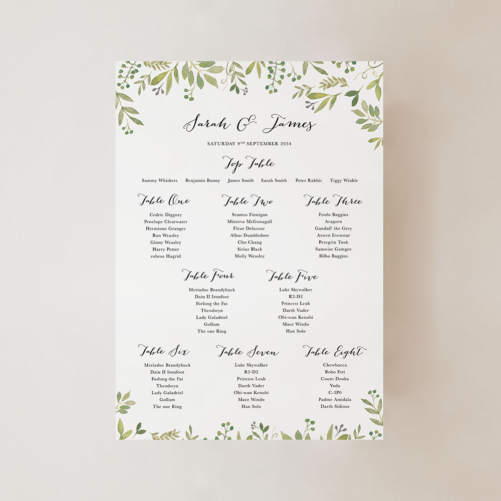 'Green Floral Watercolour' Small A3 Table Plan