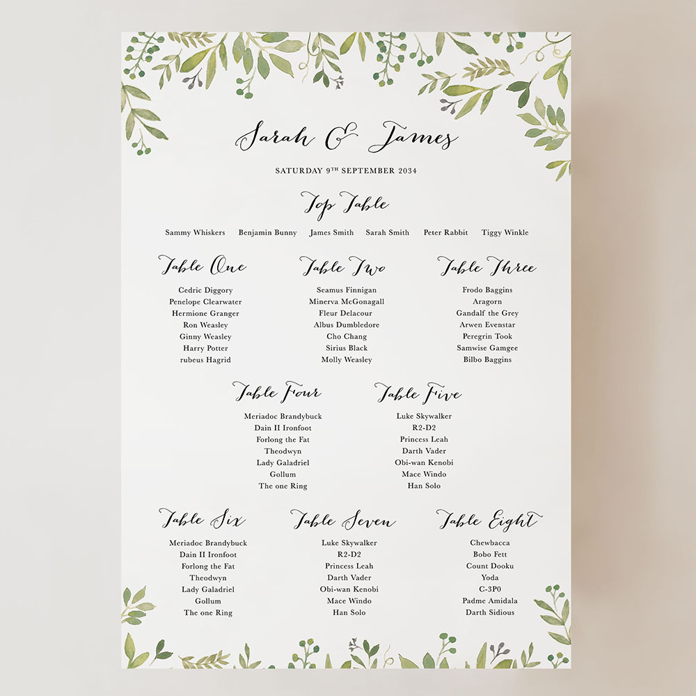 'Green Floral Watercolour' Small A3 Table Plan