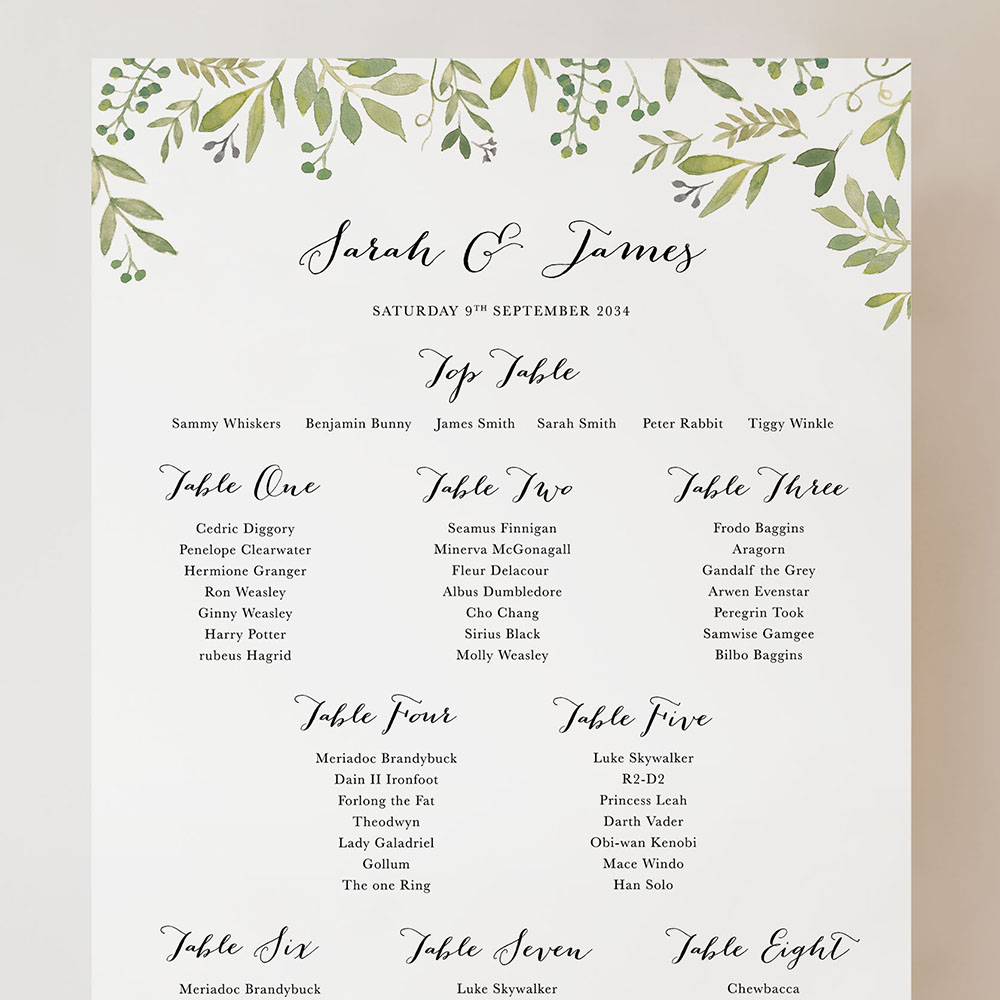 'Green Floral Watercolour' Small A3 Table Plan