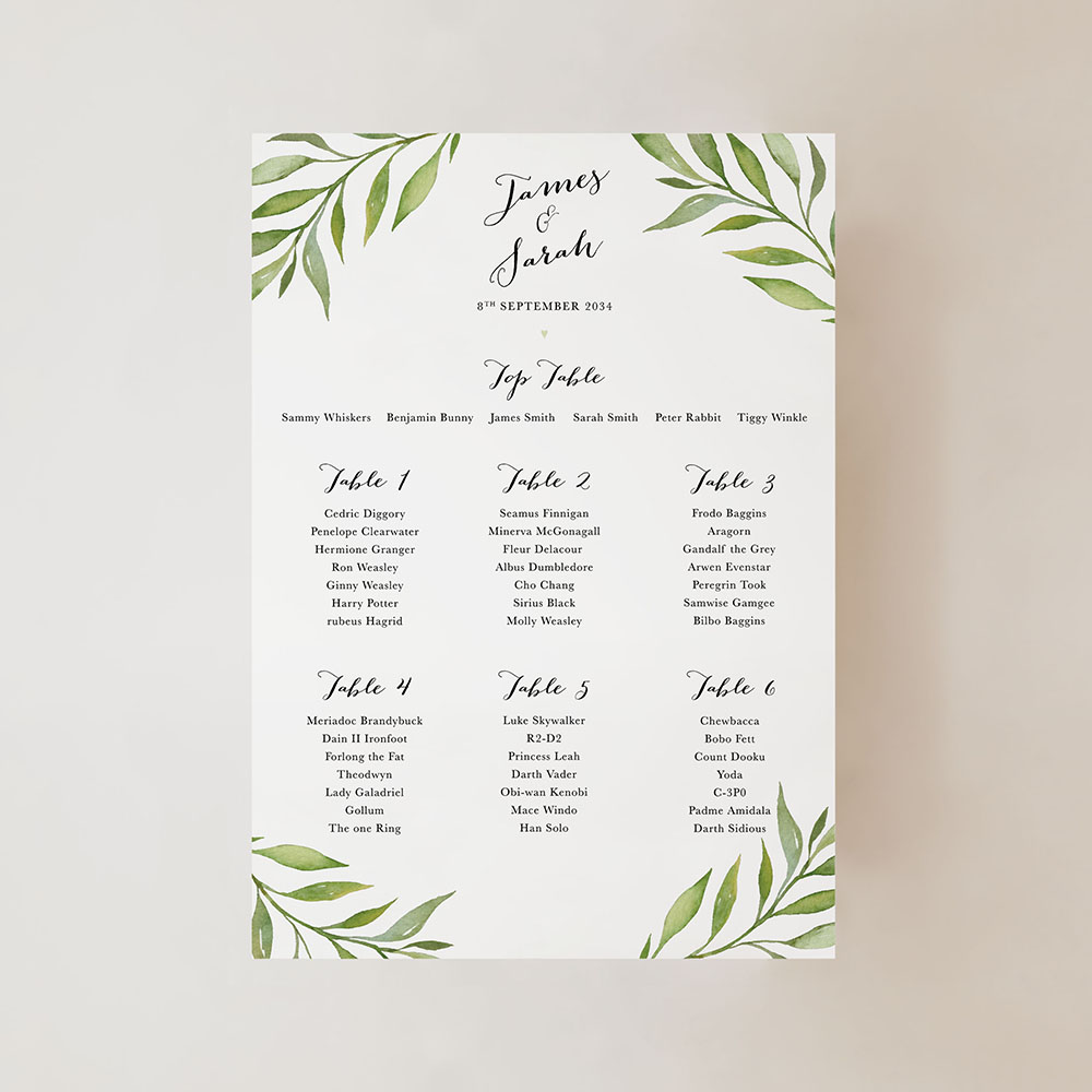 'Green Leaf' Small A3 Table Plan