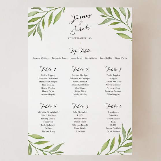 'Green Leaf' Small A3 Table Plan