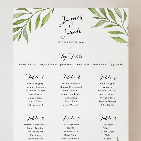 'Green Leaf' Small A3 Table Plan