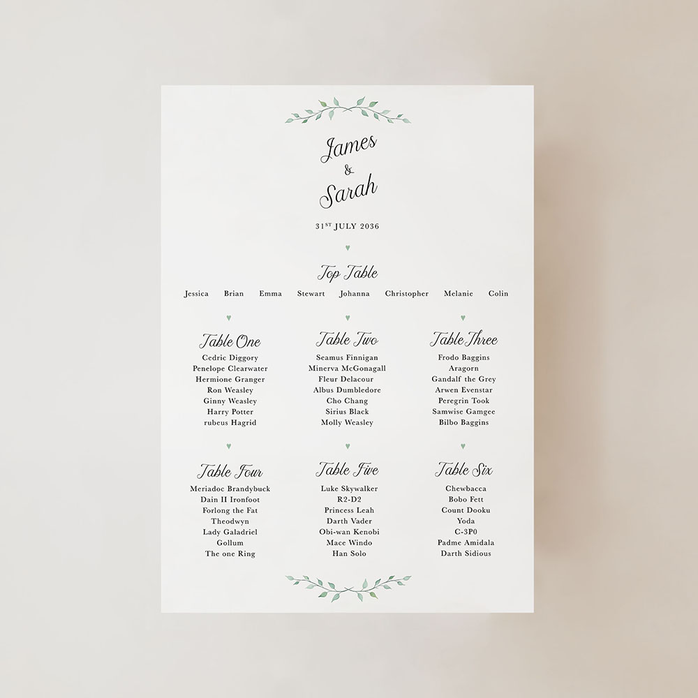 'Green Plant' Small A3 Table Plan