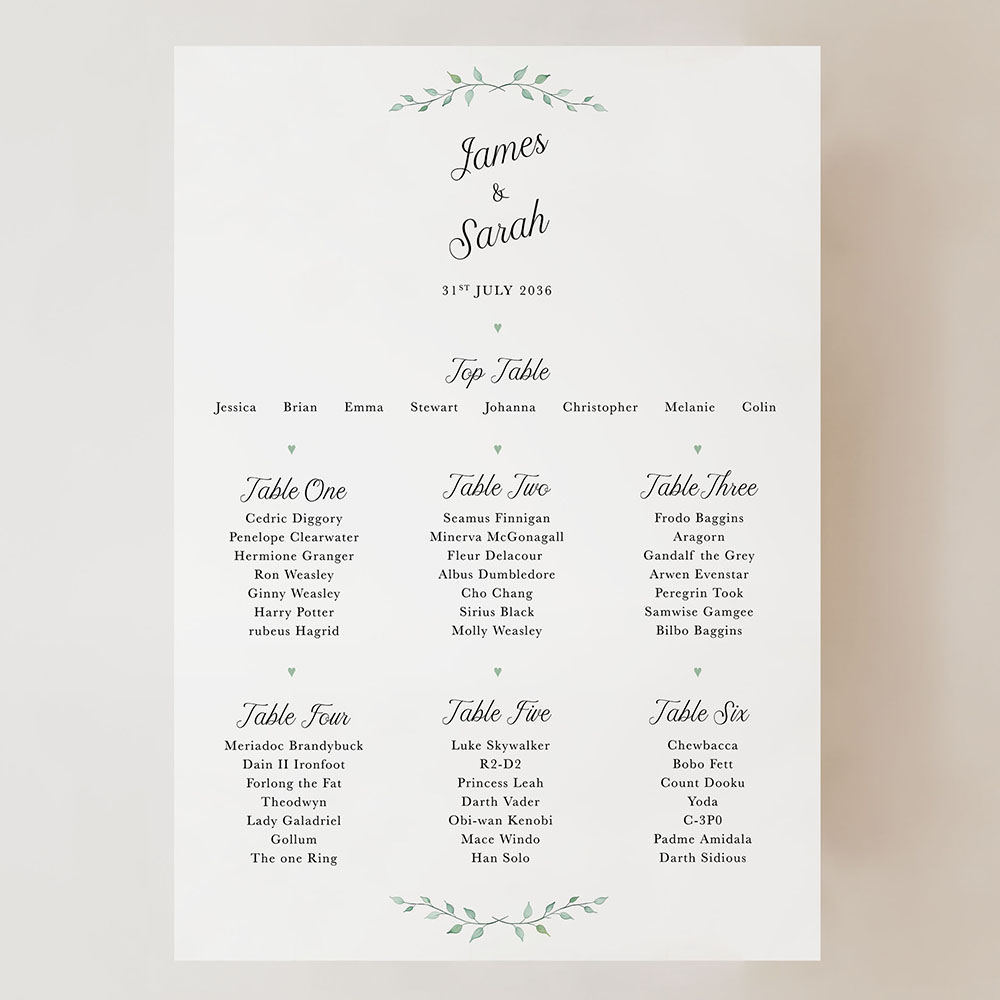 'Green Plant' Small A3 Table Plan