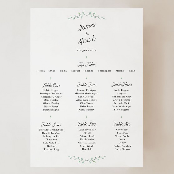 'Green Plant' Small A3 Table Plan