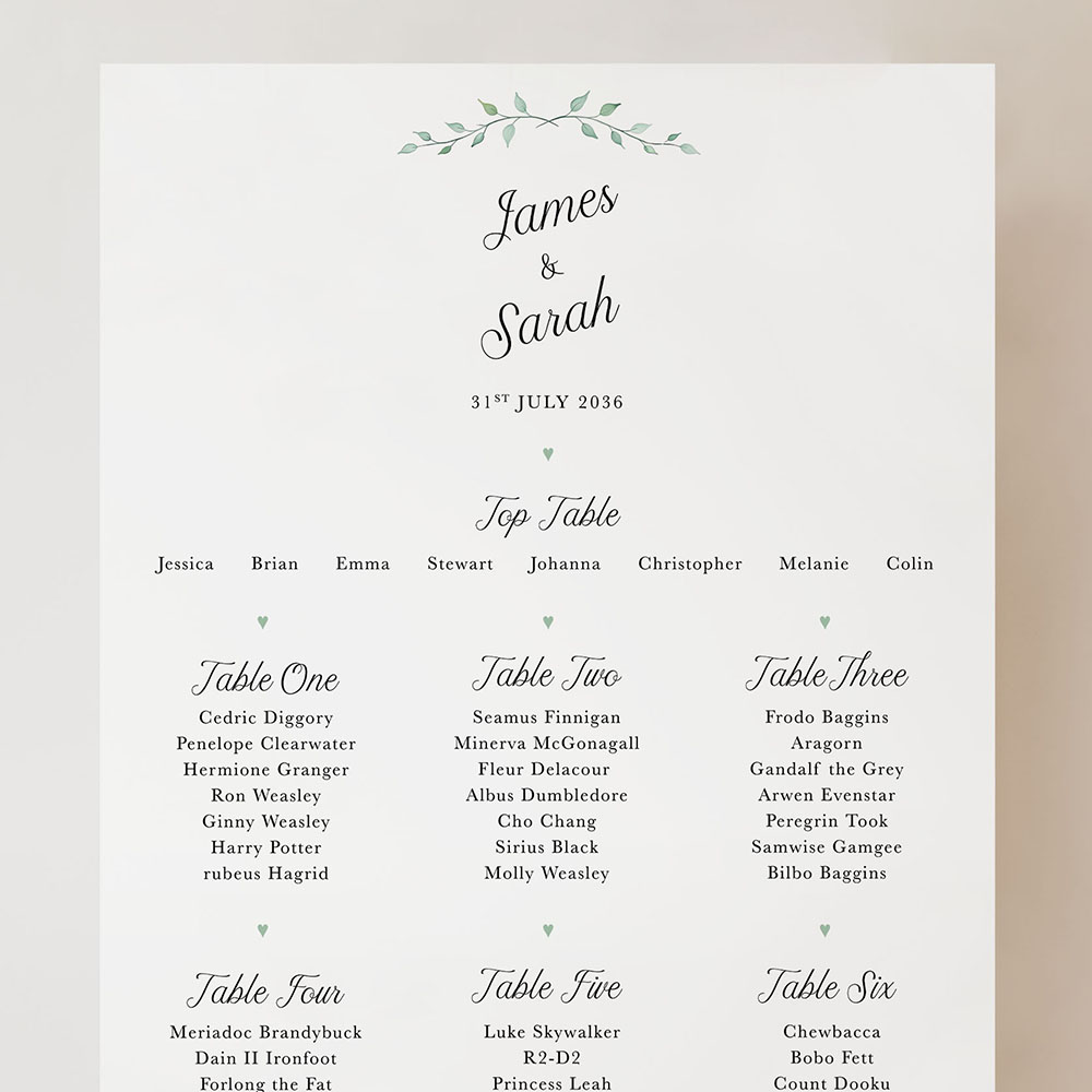 'Green Plant' Small A3 Table Plan