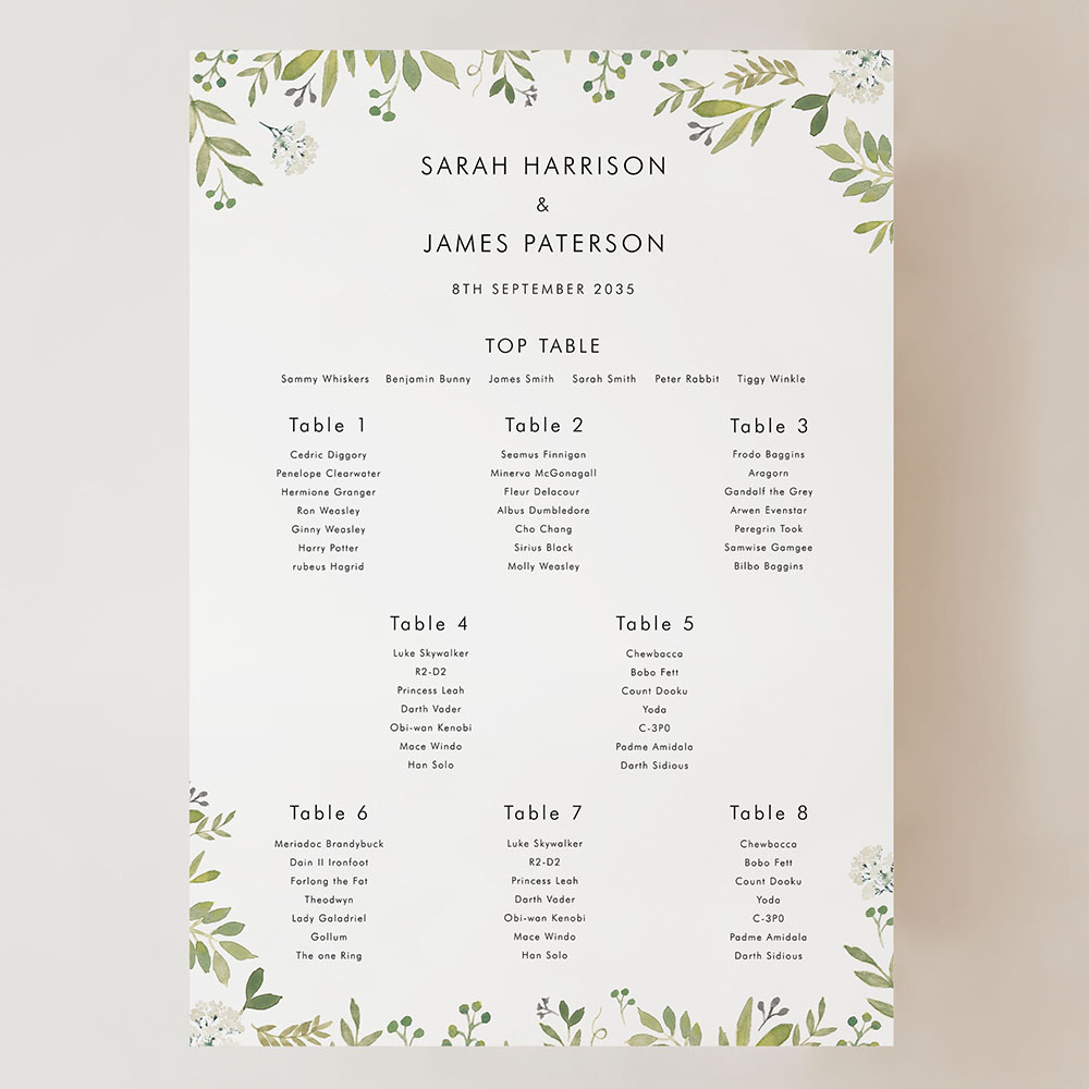 'Naomi' Small A3 Table Plan