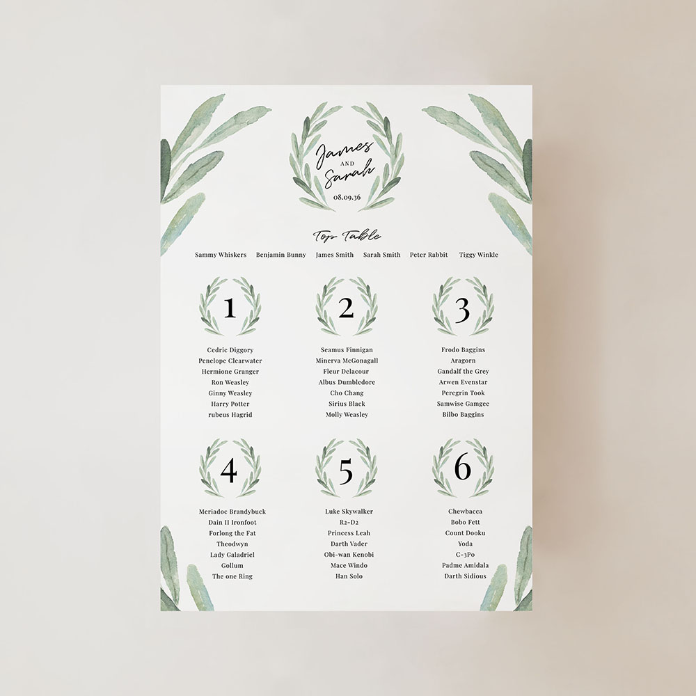 'Olive' Small A3 Table Plan