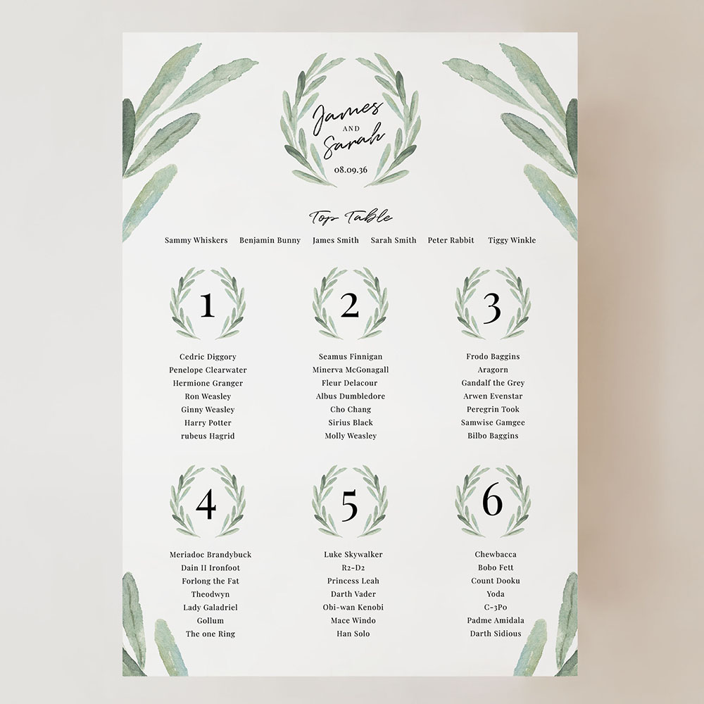 'Olive' Small A3 Table Plan