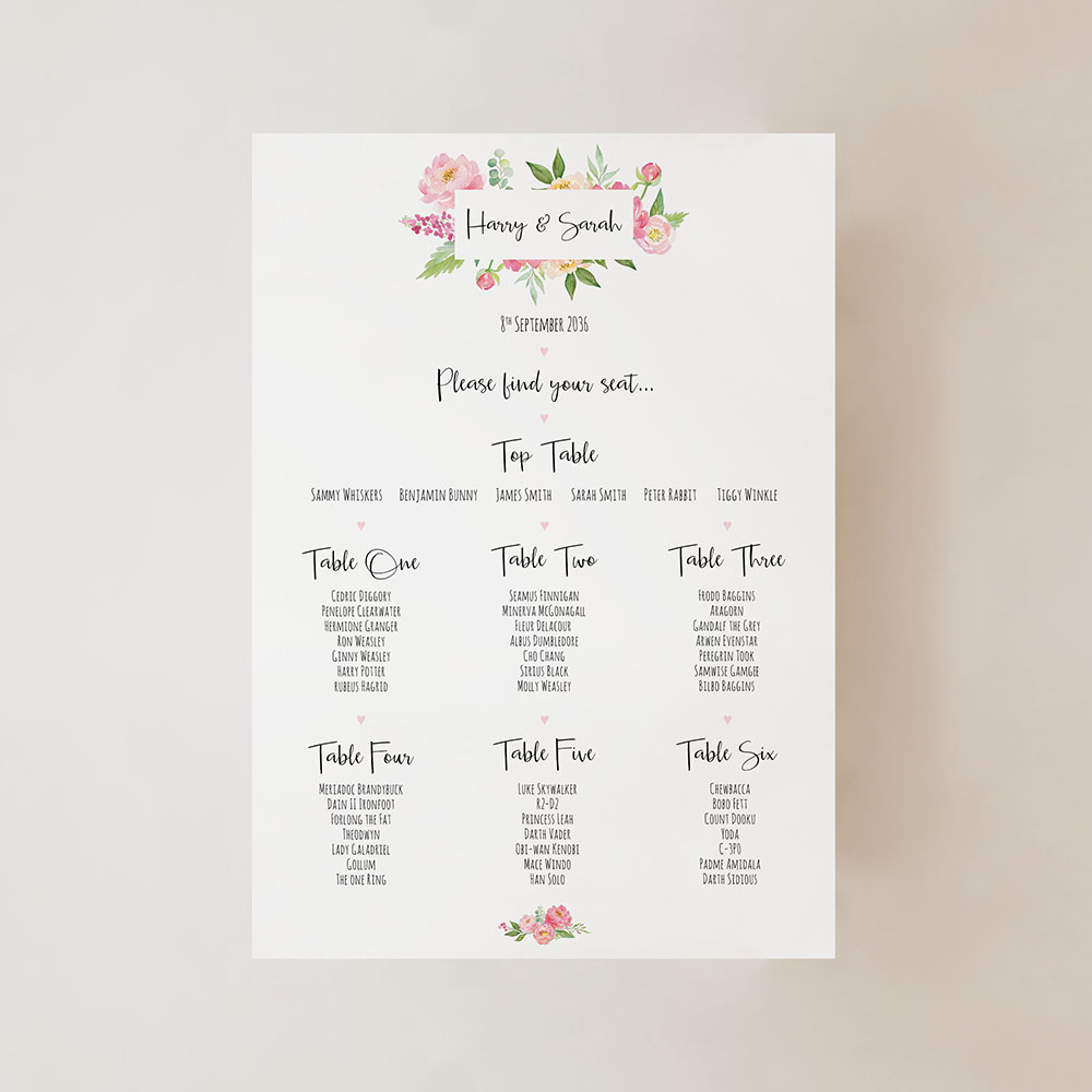 'Peony' Small A3 Table Plan