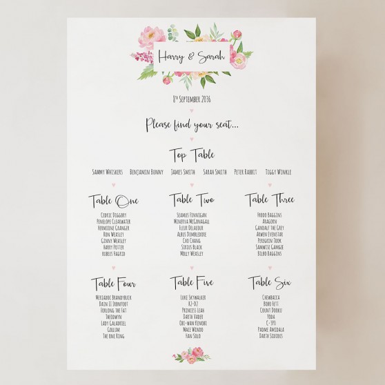 'Peony' Small A3 Table Plan