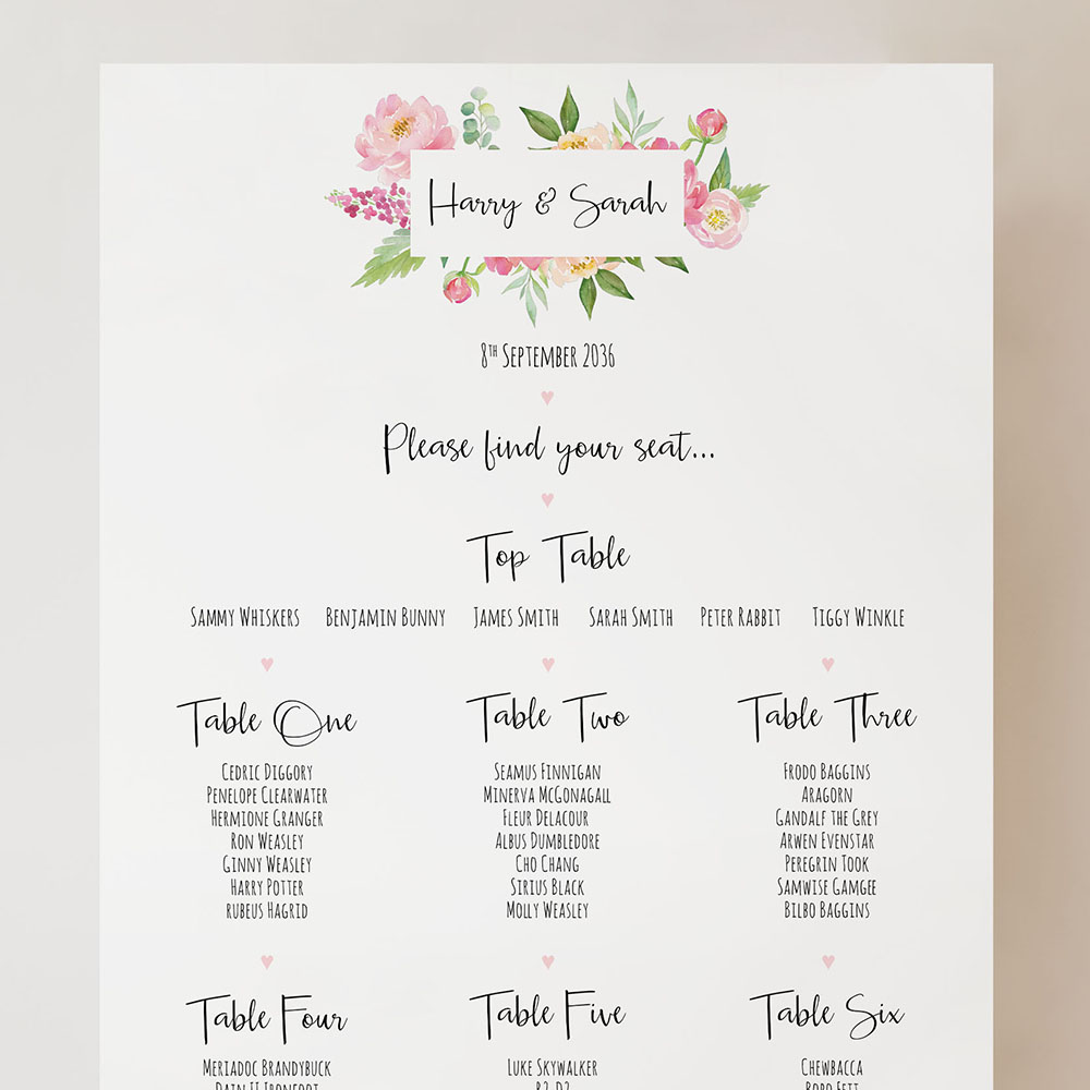 'Peony' Small A3 Table Plan